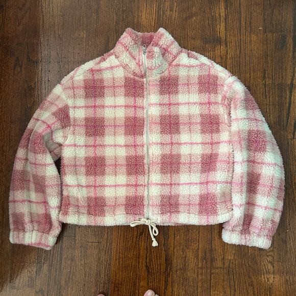 Preppy Plaid 90s Teddy Fleece Mauve Pink Zip Up Women M - Picture 1 of 7